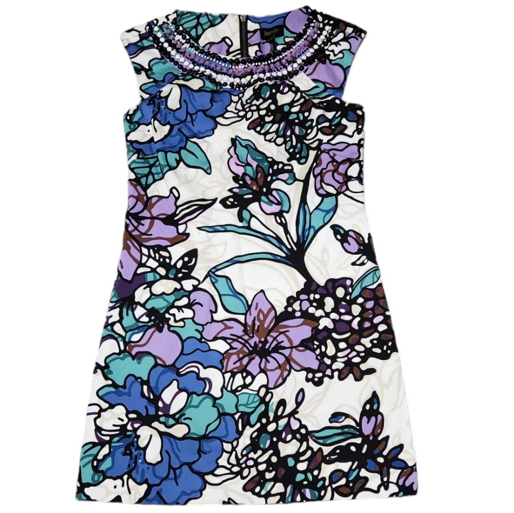 Laundry by Shelli Segal Beaded Collar Embellished Neckline Detail Floral Dress
